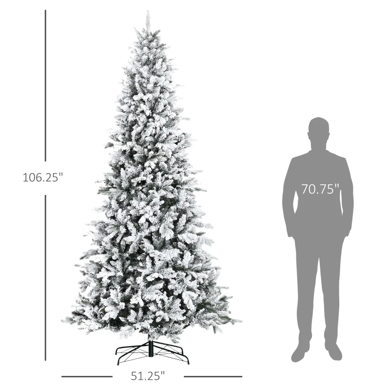 HOMCOM 9 Foot Pine Snow Flocked Artificial Christmas Tree with 616 Realistic Cedar Branches, Auto Open, Green