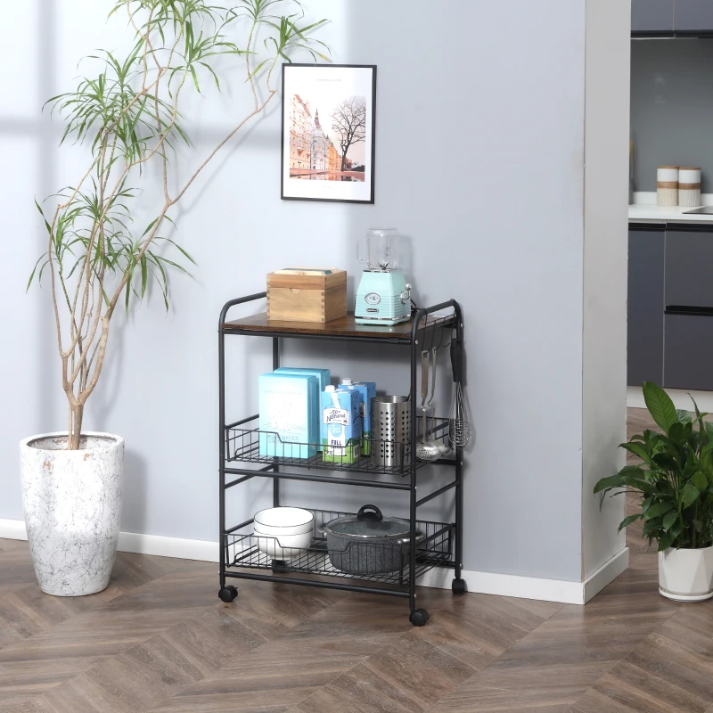 HOMCOM 3 Tier Kitchen Cart with Storage, Rolling Kitchen Island Cart with 2 Sliding Fruit Basket and Side Hooks for Dining Room, Rustic Brown