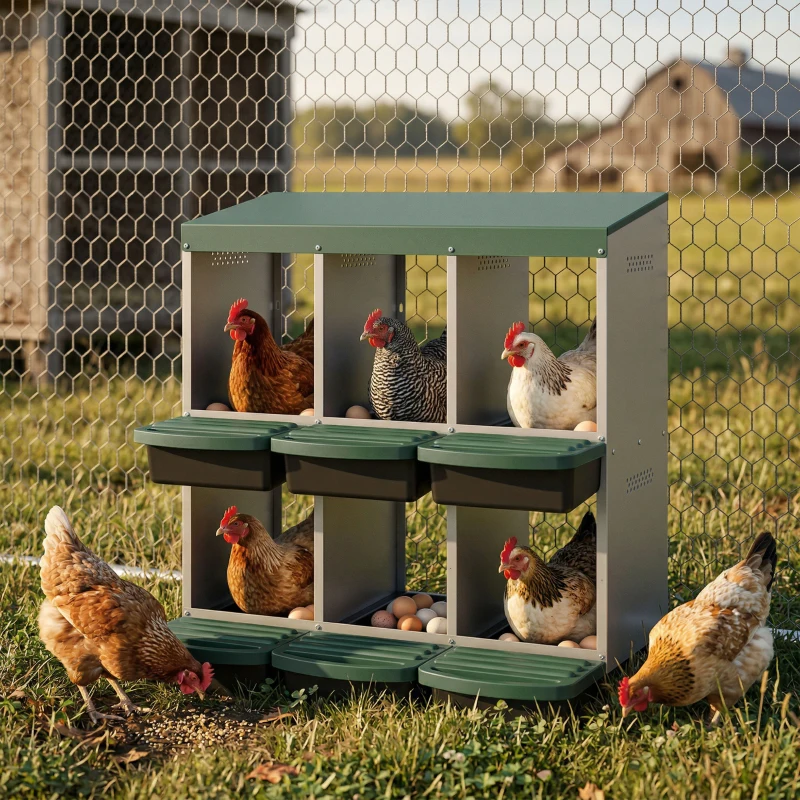 PawHut Chicken Nesting Boxes, 6 Compartment Metal Nesting Boxes for Chicken Coop, Egg Laying Boxes with Lid Cover