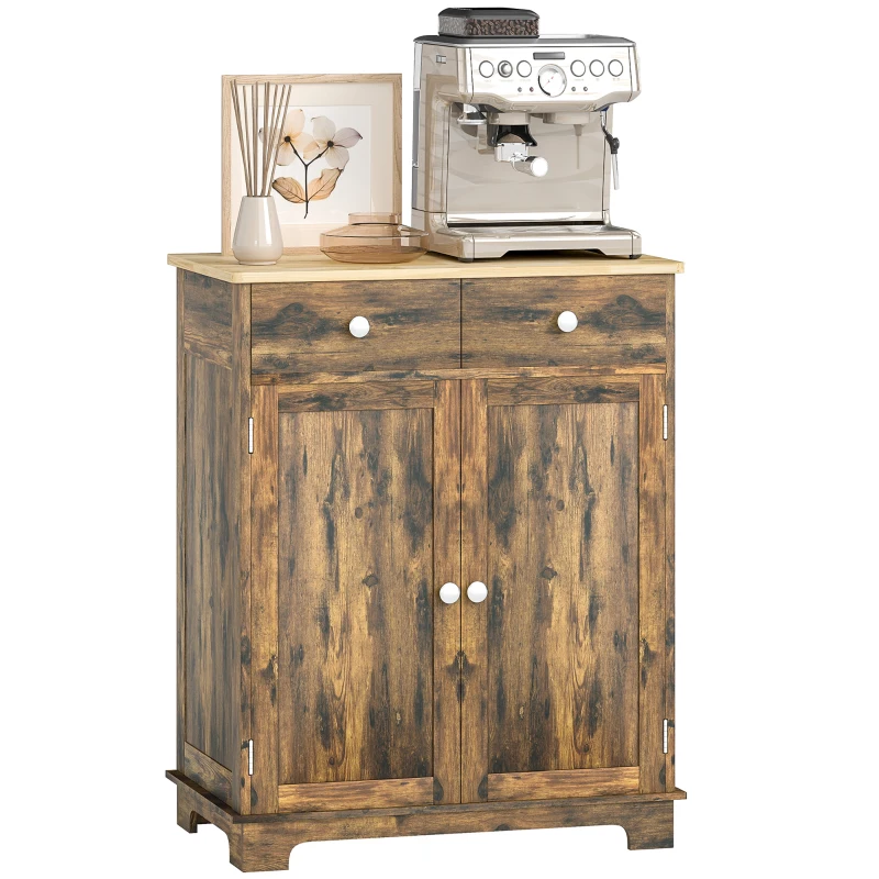 HOMCOM Kitchen Storage Cabinet, Sideboard Floor Cupboard with Solid Wood Top, Adjustable Shelf, and 2 Drawers, Brown
