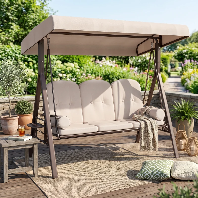 Outsunny 3-Seat Patio Swing Chair, Outdoor Porch Swing Glider with Adjustable Canopy, Removable Cushion, Pillows and Side Trays, for Garden, Poolside, Backyard, Beige