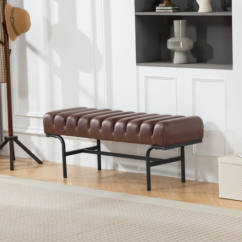 HOMCOM Bedroom Bench PU Leather End of Bed Bench with Cylindrical Seat and Metal Legs for Bedroom Living Room Hallway Brown