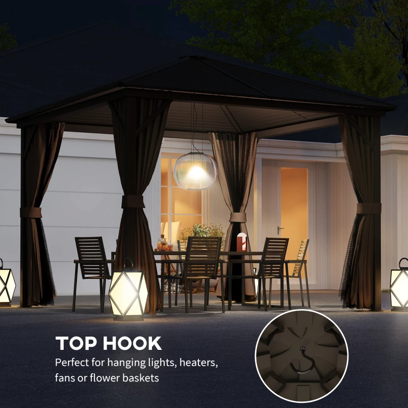 Outsunny 10' x 10' Hardtop Gazebo Canopy, Permanent Pavilion with Hook, Curtains, Aluminum Frame for Patio, Garden, Dark Brown