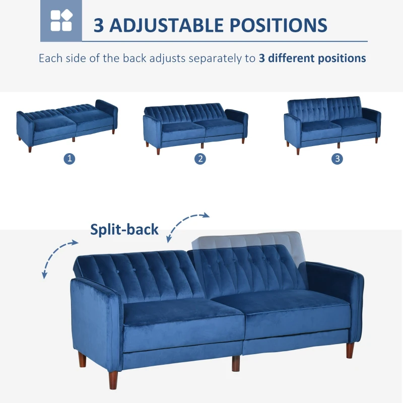 HOMCOM Convertible Sofa Sleeper Futon with Split Back Design Recline, Thick Padded Velvet-Touch Cushion Seating and Wood Legs, Blue