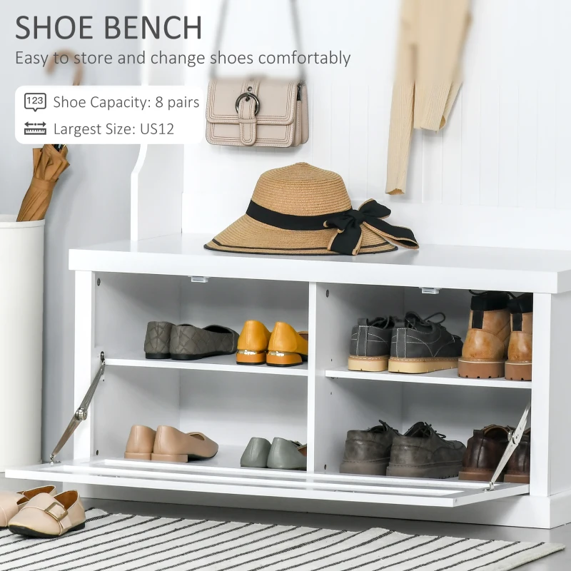 HOMCOM Entryway Bench with Coat Rack, 4 Double Hooks and 2 Compartments, Hall Tree with Bench and Shoe Storage for Hallway, Living Room, White