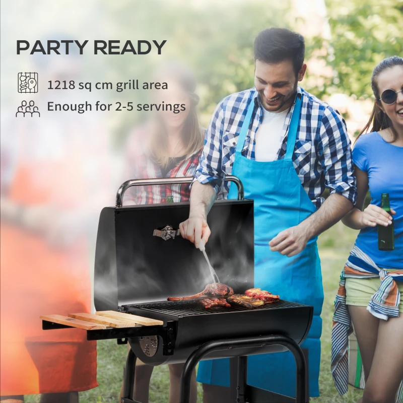 Outsunny Charcoal Barbecue Grill, BBQ with Thermometer, Shelves and Wheels, Black