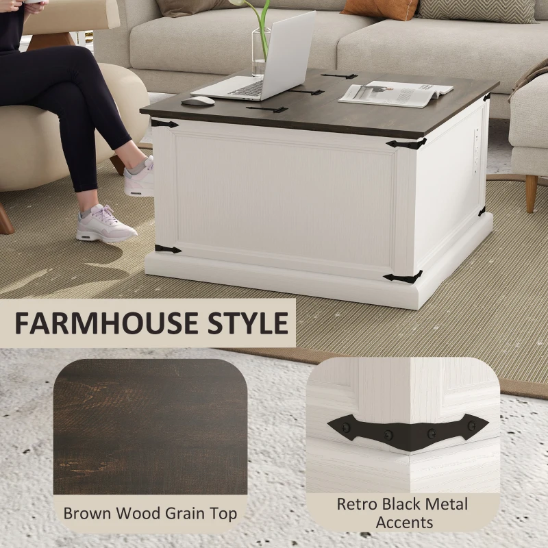 HOMCOM Lift Top Coffee Table with Charging Station, Square Farmhouse Center Table with Hidden Storage, White Wood Grain