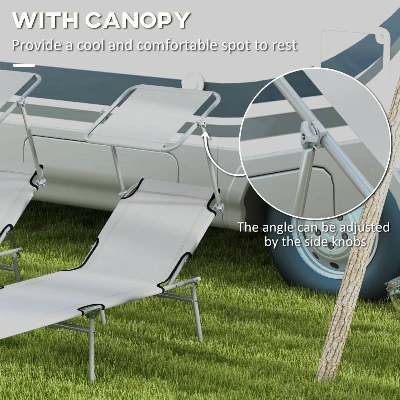 Outsunny 2 Pieces Outdoor Lounge Chair, Adjustable Folding Chaise Lounge, Tanning Chair with Sun Shade for Beach, Camping, Hiking, Backyard, Light Grey