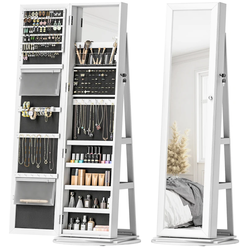 HOMCOM 360° Swivel Jewelry Armoire, Lockable Jewelry Cabinet with Full-Length Mirror, Storage Shelves, White