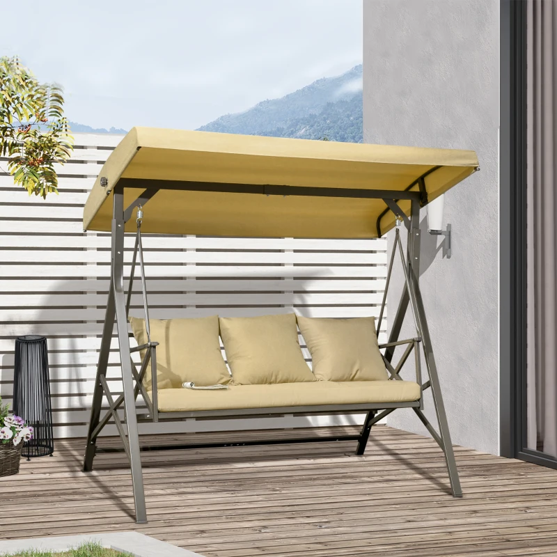 Outsunny 3-Seat Patio Swing Chair, Porch Swing Glider with Cushion, 3 Throw Pillows & Adjustable Canopy for Porch, Garden, Poolside, Backyard, Khaki