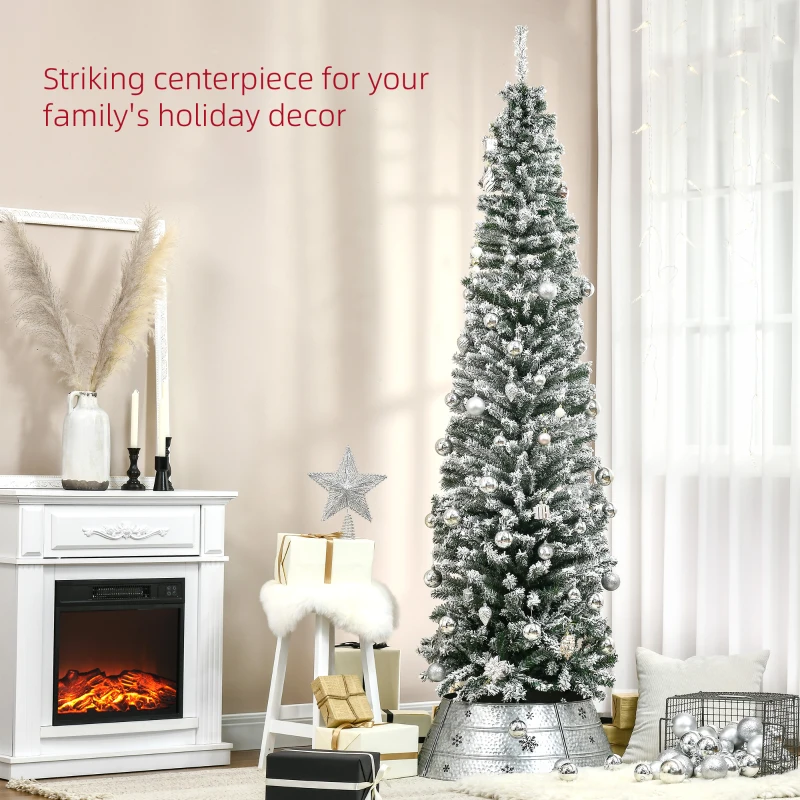 HOMCOM 7.5ft Flocked Christmas Tree, Pencil Artificial Xmas Tree with Faux Snow, Dense Branches, Foldable Metal Base for Indoor Holiday Decor