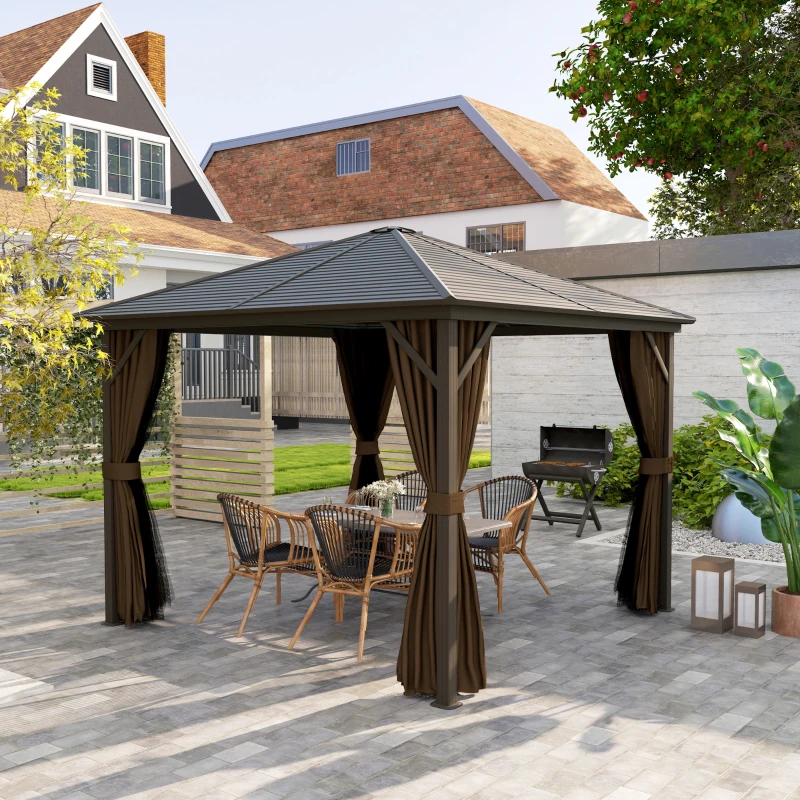 Outsunny 10' x 10' Hardtop Gazebo Canopy, Permanent Pavilion with Hook, Curtains, Aluminum Frame for Patio, Garden, Dark Brown