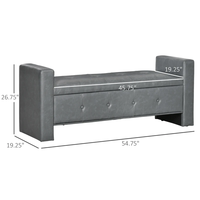 HOMCOM Storage Ottoman Bench with Soft Closing Hinged Lid, Faux Leather Upholstered Bench with Button Tufted Design and Armrests for Living Room, Gray