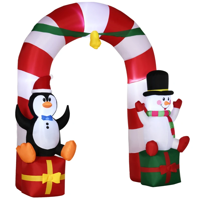 Outsunny 9ft Christmas Inflatables Outdoor Decorations Candy Cane Archway with Penguin Snowman Sit on Gift Box, Blow-Up LED Yard Christmas Decor for Lawn Garden
