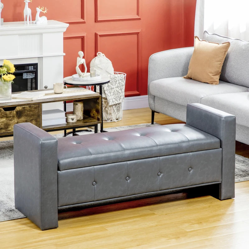HOMCOM Storage Ottoman Bench with Soft Closing Hinged Lid, Faux Leather Upholstered Bench with Button Tufted Design and Armrests for Living Room, Gray