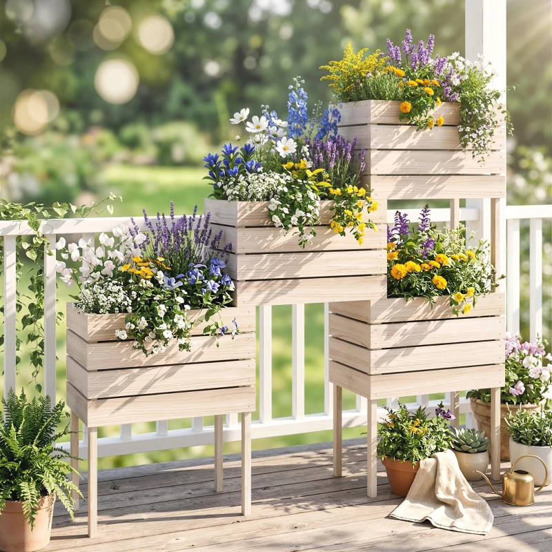 Outsunny 4PCS Wooden Raised Garden Beds Kits Elevated Planter for Outdoor Plants Flowers Vegetables, Raised Garden Boxes