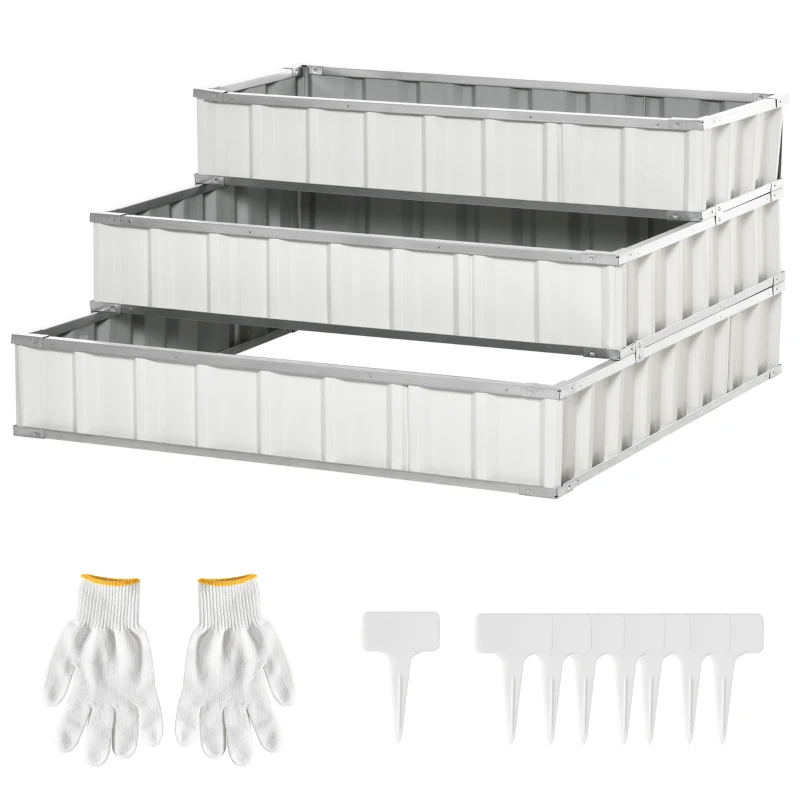 Outsunny 3 Tier Raised Garden Bed Outdoor Metal Patio Planter Box with Gloves, 4' x 4' x 2' for Backyard, White
