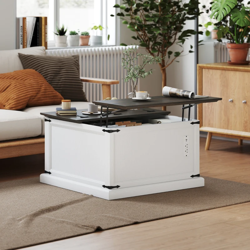 HOMCOM Lift Top Coffee Table with Charging Station, Square Farmhouse Center Table with Hidden Storage, White Wood Grain