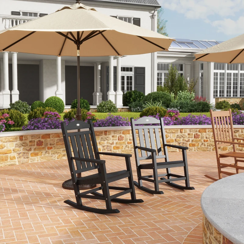 Outsunny 2PCs Outdoor Rocking Chair with Armrests, Fade-Resistant Waterproof HDPE for Indoor & Outdoor, Black