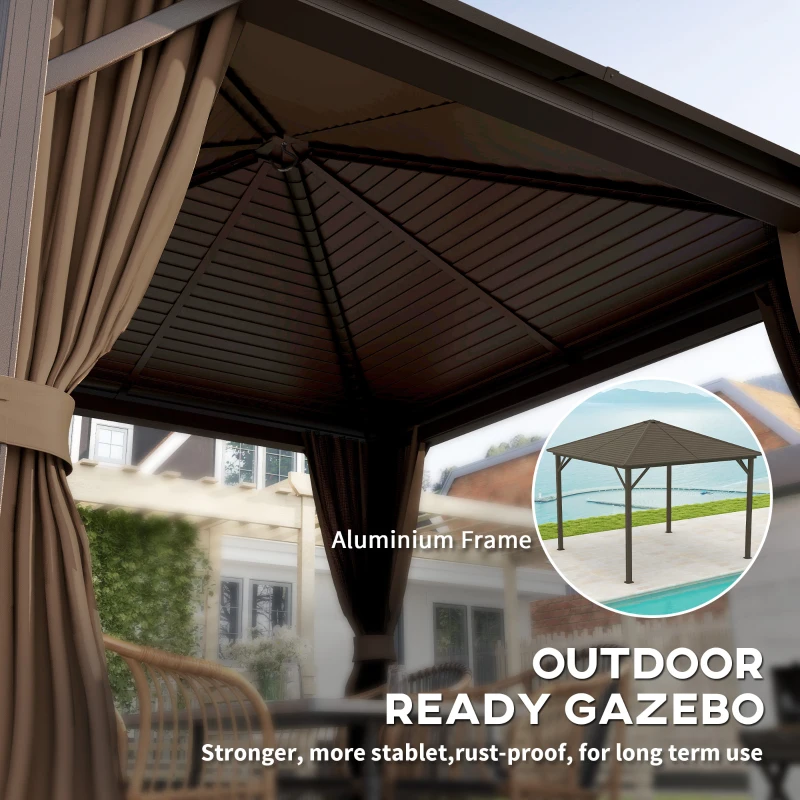 Outsunny 10' x 10' Hardtop Gazebo Canopy, Permanent Pavilion with Hook, Curtains, Aluminum Frame for Patio, Garden, Dark Brown
