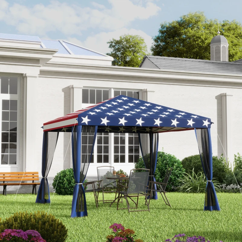 Outsunny 10' x 10' Pop Up Canopy Tent with Netting, Instant Gazebo, Screen House Room with Carry Bag, Height Adjustable, for Outdoor, Garden, Patio, Camping, American Flag