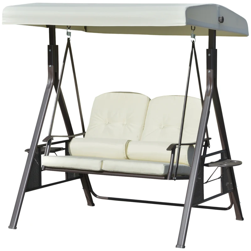 Outsunny 2-Person Patio Swing Bench with Adjustable Shade Canopy, Soft Cushions, Throw Pillows and Tray, Beige.