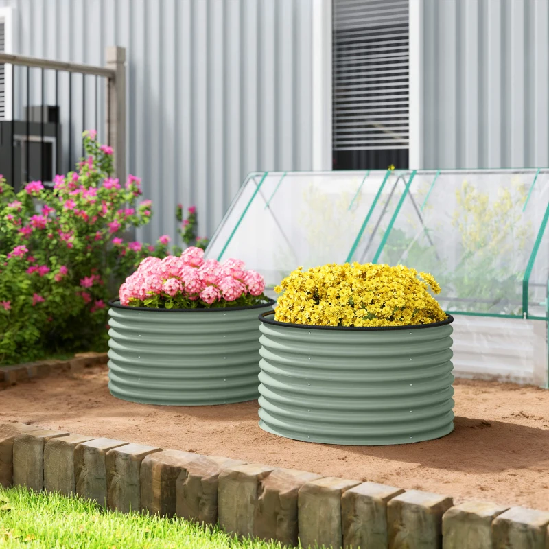 Outsunny Set of 2 Raised Garden Bed, Metal Planter Box with Safety Edging, Easy-to-assemble Stock Tank, Light Green