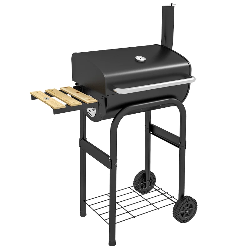 Outsunny Charcoal Barbecue Grill, BBQ with Thermometer, Shelves and Wheels, Black