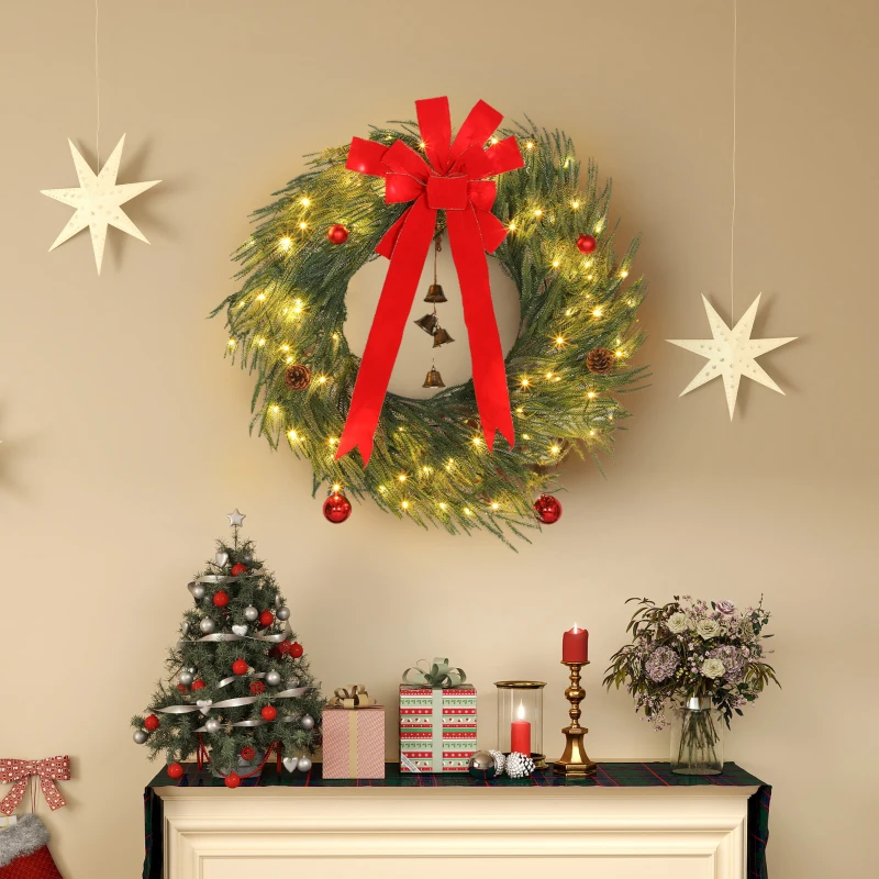 HOMCOM 36 Inch Christmas Wreath for Front Door with LED Lights, Prelit Christmas Wreath with 8 Modes and Ornaments, Green