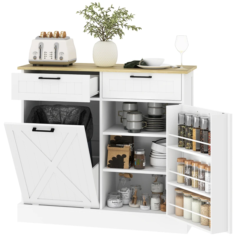 HOMCOM 10 Gallon Farmhouse Kitchen Cabinet with Hidden Trash Can and 2 Drawers, Tilt Out Trash Can Cabinet for Kitchen, White