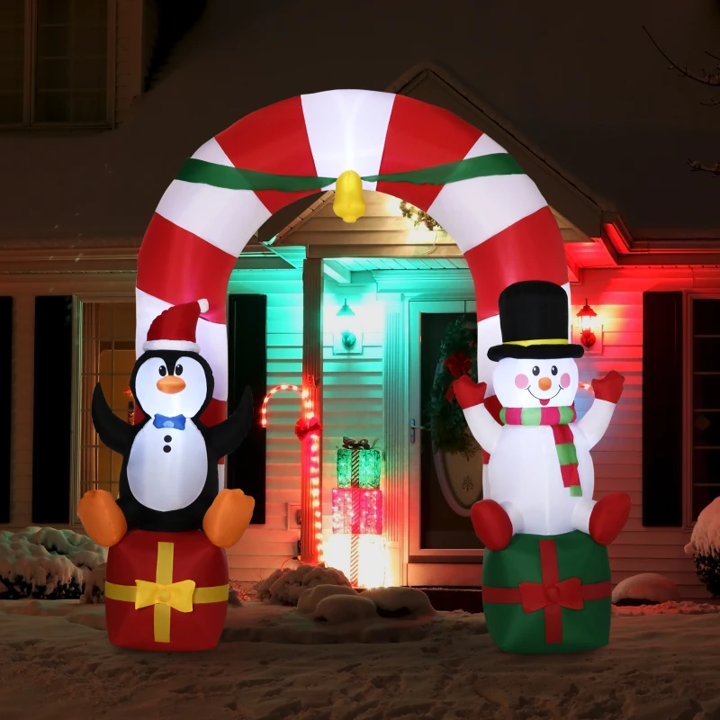 Outsunny 9ft Christmas Inflatables Outdoor Decorations Candy Cane Archway with Penguin Snowman Sit on Gift Box, Blow-Up LED Yard Christmas Decor for Lawn Garden