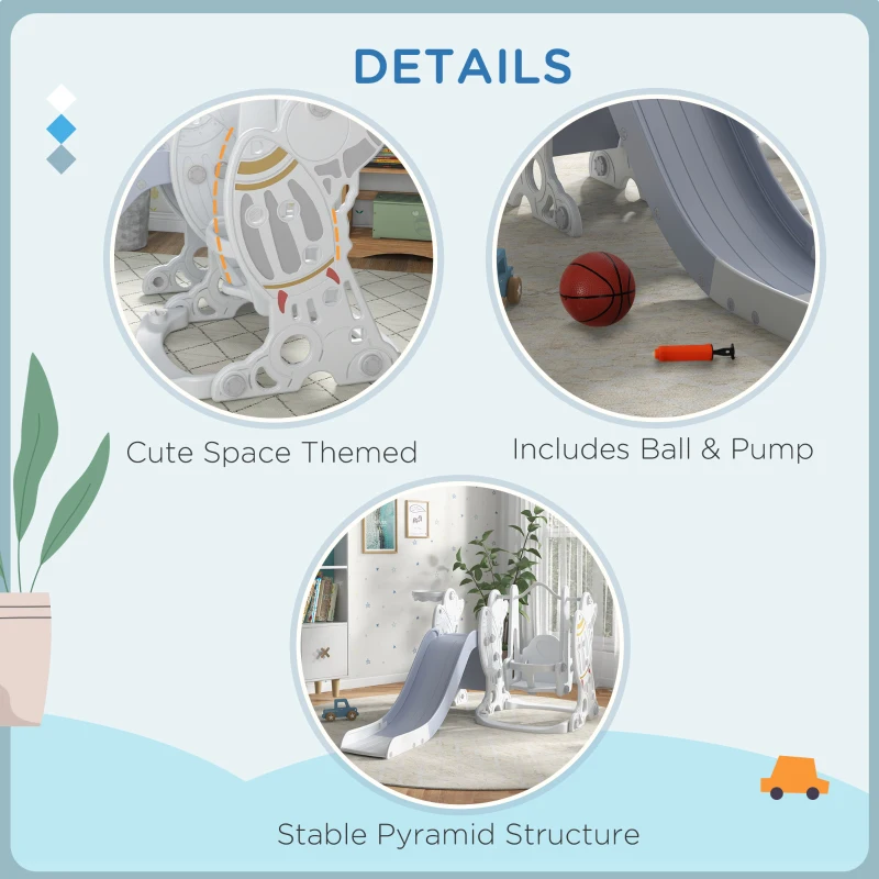 Qaba Toddler Swing and Slide Set with Basketball Hoop, Space Theme, Gray
