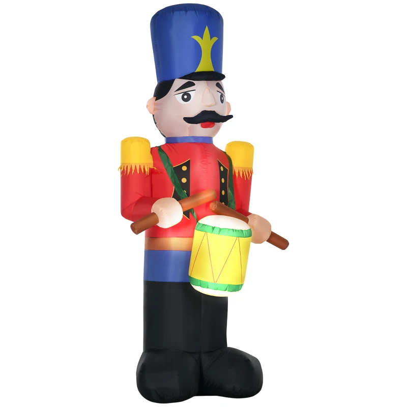 HOMCOM 8ft Christmas Inflatables Outdoor Decorations Nutcracker Toy Soldier with Drum, Blow-Up Yard Christmas Decor with LED Lights Display