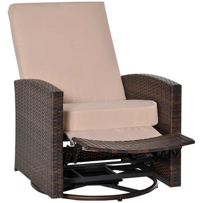 Outsunny Outdoor Wicker Swivel Recliner Chair, Reclining Backrest, Lifting Footrest, 360° Rotating Basic, Water Resistant Cushions for Patio, Khaki