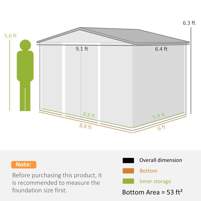 Outsunny 9' x 6' Outdoor Storage Shed, Garden Tool Metal Shed with Foundation Kit, Double Lockable Door, Yellow