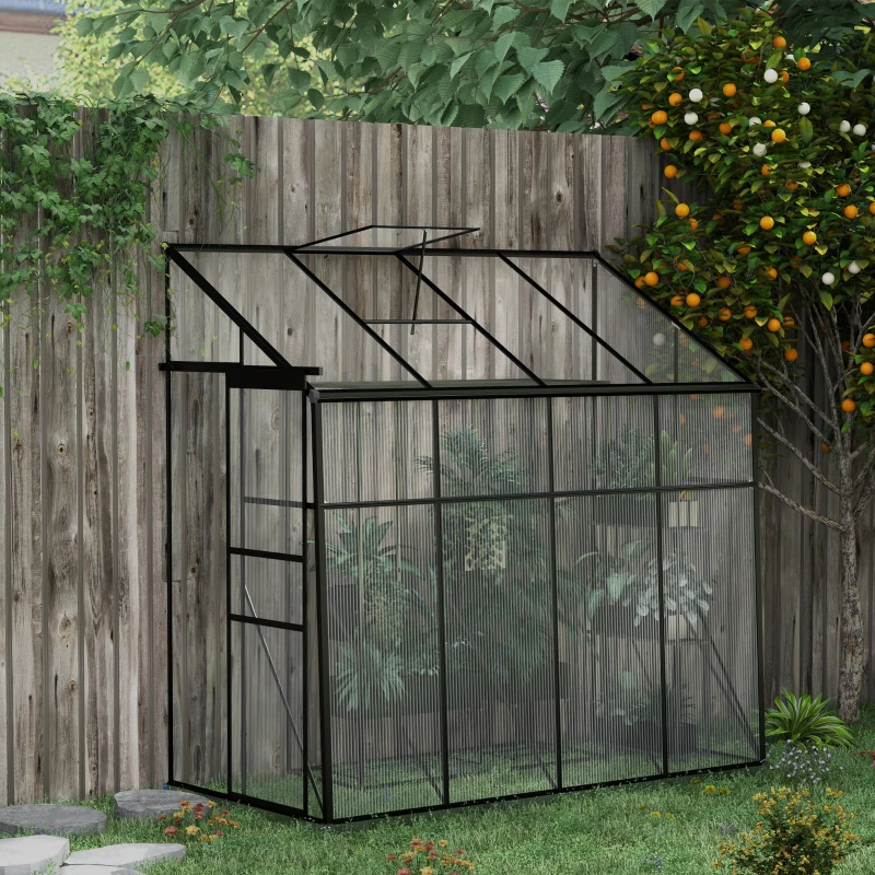 Outsunny 8' x 4' Walk-in Polycarbonate Greenhouse, Lean-to Aluminum Green House with Rain Gutter and Foundation, Black
