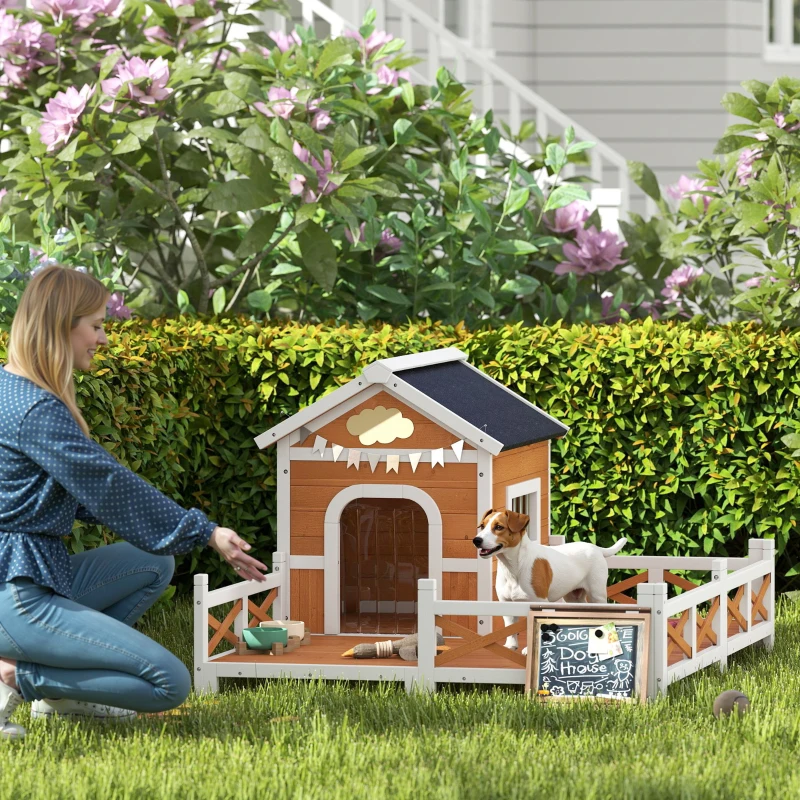 PawHut Outdoor Wooden Dog House, Dog Shelter with Large Porch, Weatherproof & Openable Roof, Elevated Base, Removable Floor