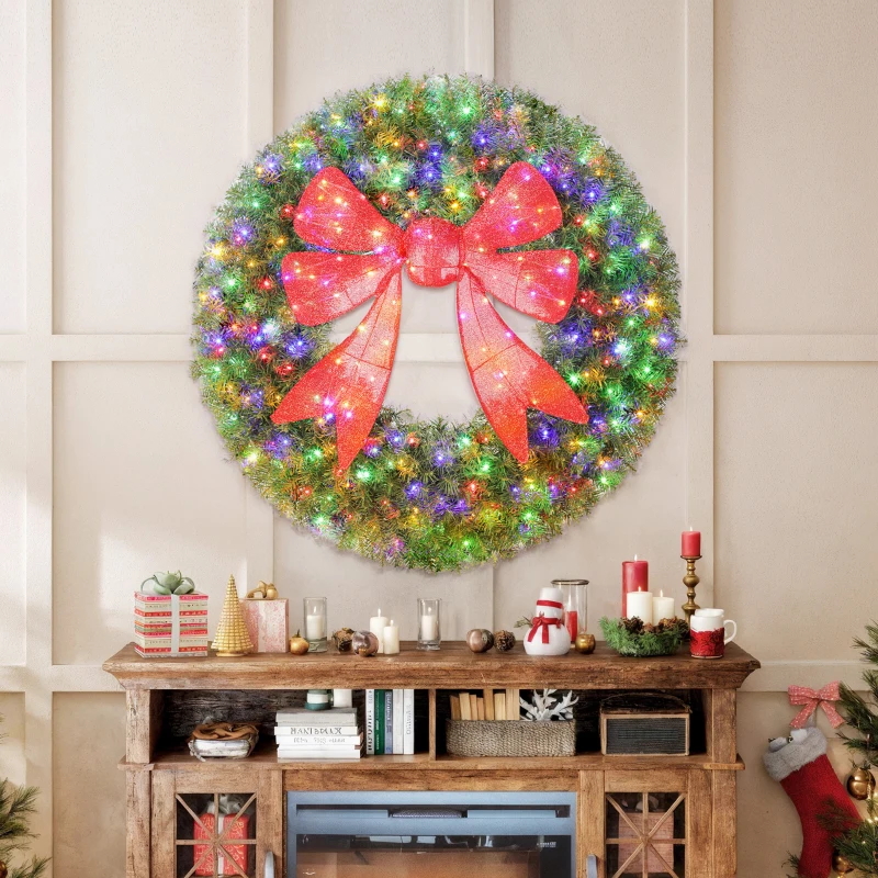 HOMCOM 60in Pre-Lit Christmas Wreath with 3D Red Bow, 11 Lighting Modes, Front Door Christmas Wreath with Remote