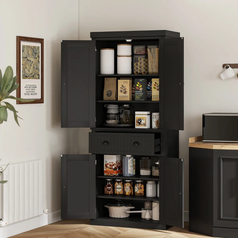 HOMCOM 72" Kitchen Pantry Storage Cabinet, Cupboard with 4 Doors and 3 Adjustable Shelves, Large Central Drawer, Black