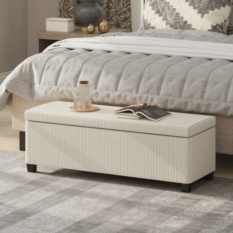 HOMCOM 47 Inches Storage Ottoman Bench, Foot Rest with Legs, End of Bed Bench, Corduroy Storage Chest for Living Room, Beige