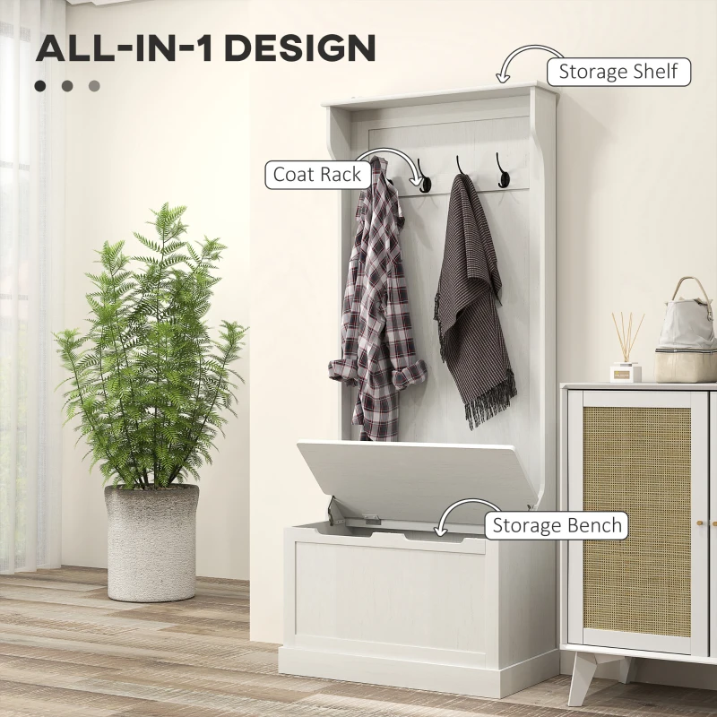 HOMCOM Hall Tree with Coat Rack, Storage, and Sitting Bench, Cream White