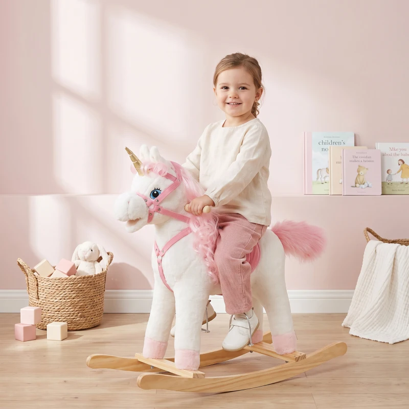 Qaba Baby Rocking Horse, Unicorn Kid Ride on Toy with Rocking Limit, Tail Wag Mouth Movement, Sounds for 3-5 Y, White