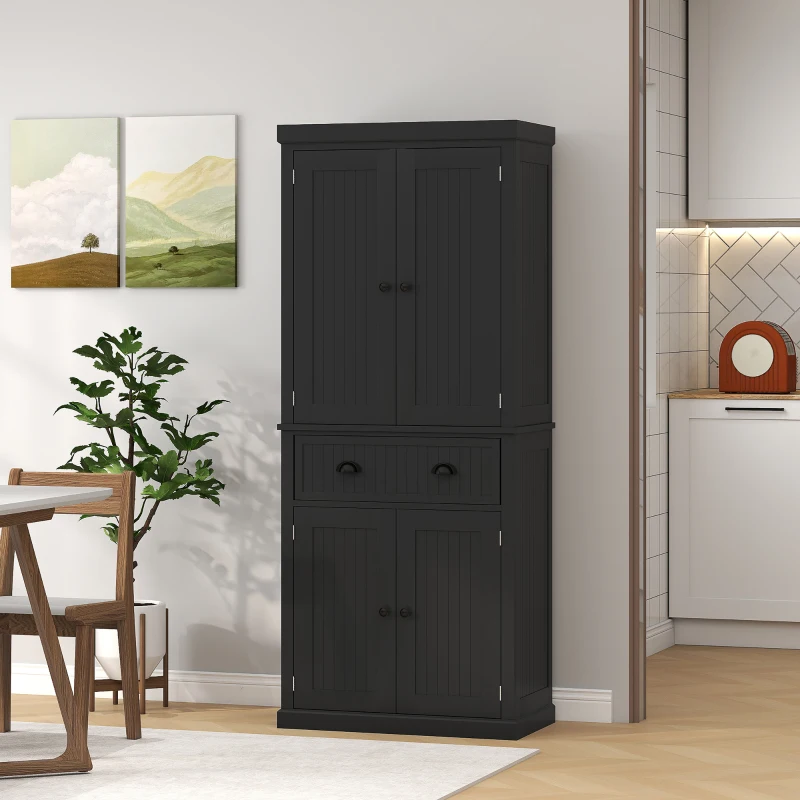 HOMCOM 72" Kitchen Pantry Storage Cabinet, Cupboard with 4 Doors and 3 Adjustable Shelves, Large Central Drawer, Black