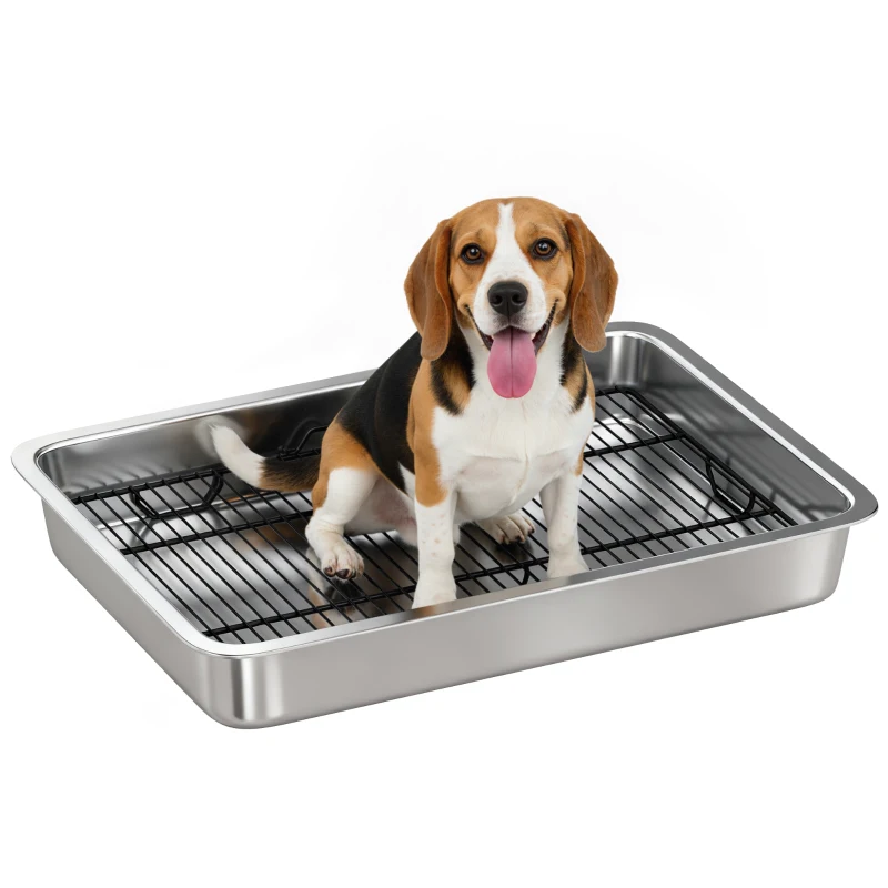 PawHut Dog Potty Tray Stainless Steel for Small and Medium Dogs, Dog Training Tray for Porch, Bathroom, Balcony, 28" x 20" x 4"