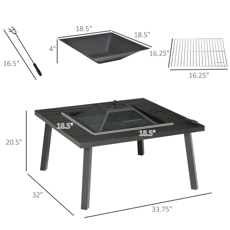 Outsunny 34" Fire Pit with Grill, Metal Outdoor Wood Burning Firepit with Spark Screen, Fire Poker, Cover, Table Lip, Black