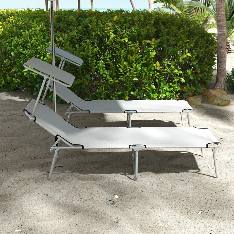 Outsunny 2 Pieces Outdoor Lounge Chair, Adjustable Folding Chaise Lounge, Tanning Chair with Sun Shade for Beach, Camping, Hiking, Backyard, Light Grey