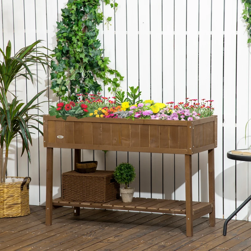 Outsunny Wooden Raised Garden Bed, Elevated Planter Box Stand with 8 Slots and Open Shelf, Dark Brown