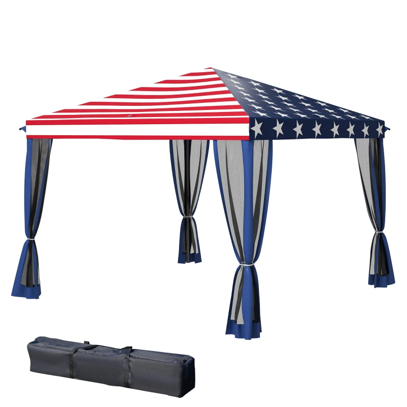 Outsunny 10' x 10' Pop Up Canopy Tent with Netting, Instant Gazebo, Screen House Room with Carry Bag, Height Adjustable, for Outdoor, Garden, Patio, Camping, American Flag