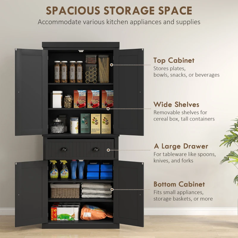 HOMCOM 72" Kitchen Pantry Storage Cabinet, Cupboard with 4 Doors and 3 Adjustable Shelves, Large Central Drawer, Black