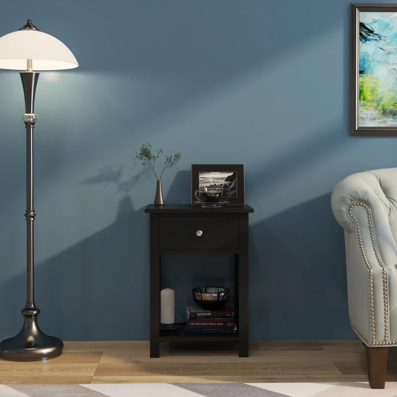 HOMCOM Farmhouse Side Table, End Table with Storage Drawer, Open Shelf and X-Frame, Bedside Table for Living Room, Black